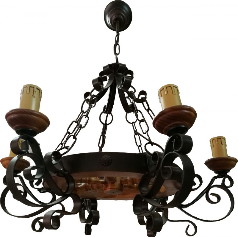 Lámpara 6 velas forja rústica negra pátina marrón y madera