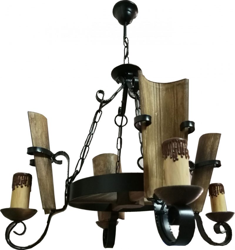 Lámpara 4 velas forja rústica negra tejas y madera
