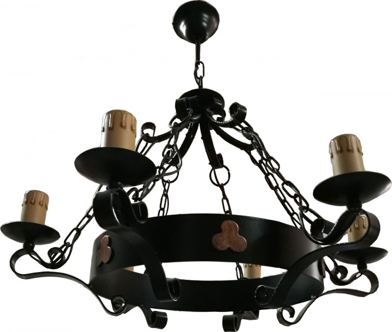 Lámpara 6 velas forja rústica negra trebol cobre