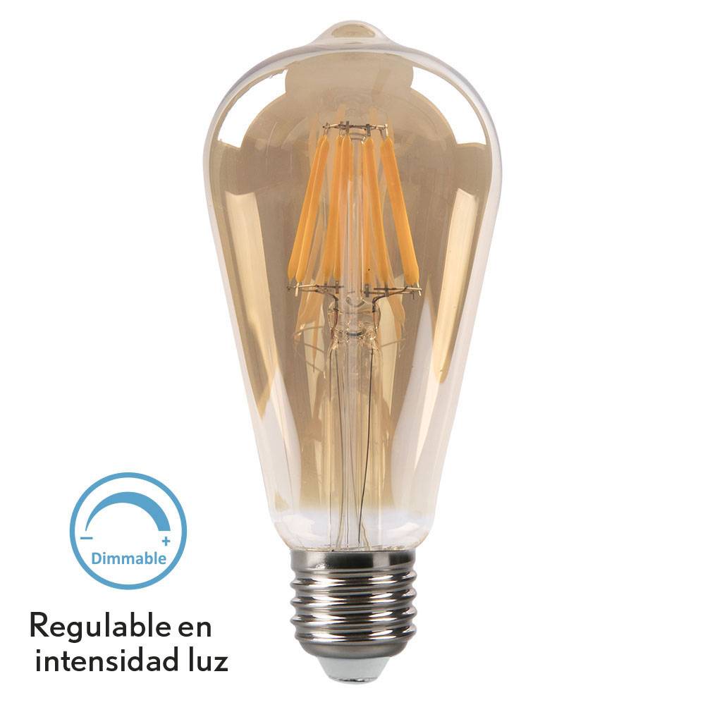 Bombilla filamento led pebetero regulable cristal ámbar E27 8W 2700K