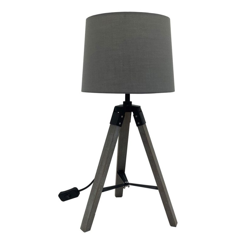 Lámpara de mesa madera trípode gris y negro con pantalla Julen