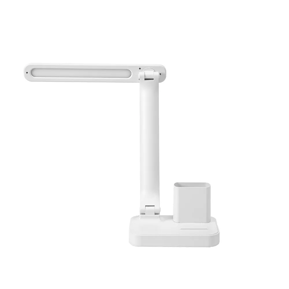Flexo led blanco regulable base portalápiz Bosco Fabricado en ABS con portalápiz en su base y una bandeja para depositar clips, goma, etc. También posee de un filo donde reposar su dispositivo móvil en posición idónea para su visualización tanto arriba como en la bandeja. Su iluminación es de led integrado con una potencia de 6 watios, 450 lúmenes y tres tonos de luz 3000ºK(cálida), 4500ºK(neutra) y 6000ºK(fría) regulable en intensidad de luz e interruptor táctil
