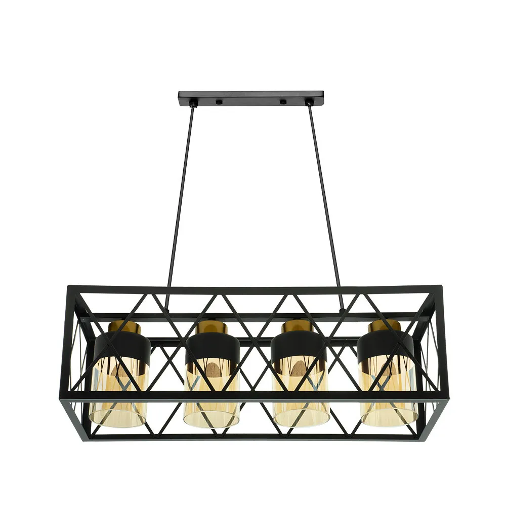 Lámpara 4 luces rectangular negra tulipas ambar Frutti